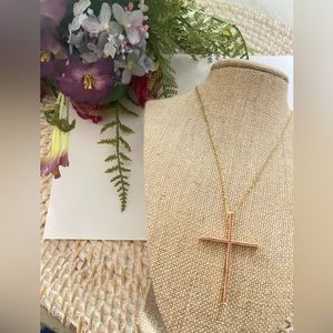 Necklace with cross pendant in stainless steel gold color 18" pink stones‎
